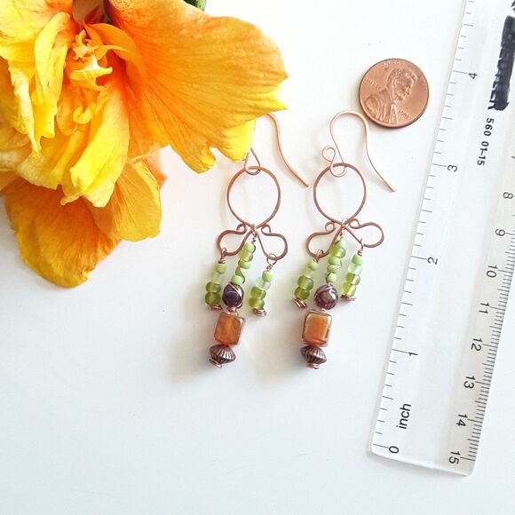 artisan 628#mfs bohemian glass fringe earrings copper earrings fireglazed amber - Picture 3 of 4